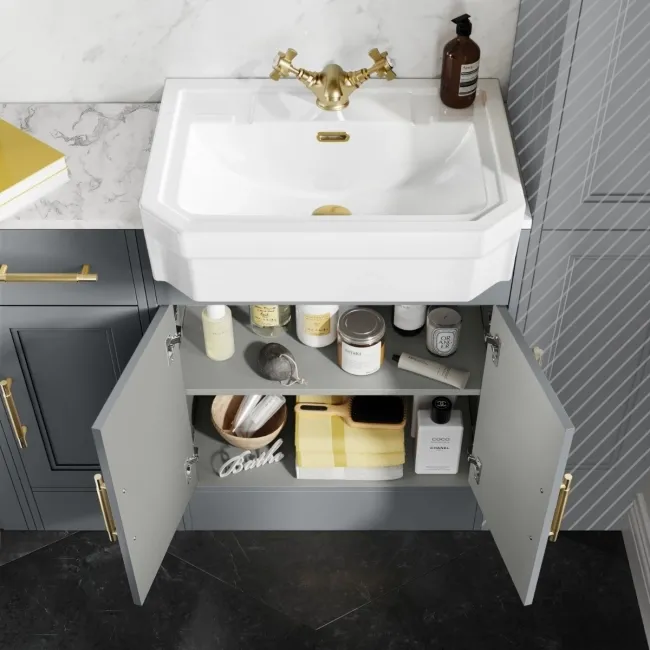 Monaco Dove Grey Combination Vanity Traditional Basin with Marble Top and Boston Toilet 1500mm - Brass Knurled Handles