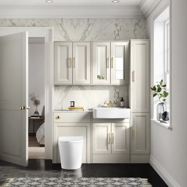 Monaco Chalk White Combination Vanity Basin with Marble Top & Boston Toilet 1200mm - Brass Knurled Handles