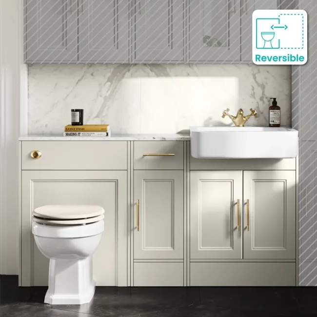 Monaco Chalk White Combination Vanity Basin with Marble Top and Hudson Toilet with Wooden Seat 1500mm - Brass Knurled Handles