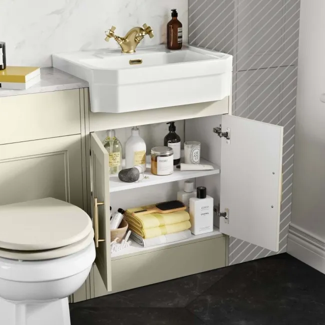 Monaco Chalk White Combination Vanity Traditional Basin with Marble Top & Hudson Toilet with Wooden Seat 1200mm - Brass Knurled Handles