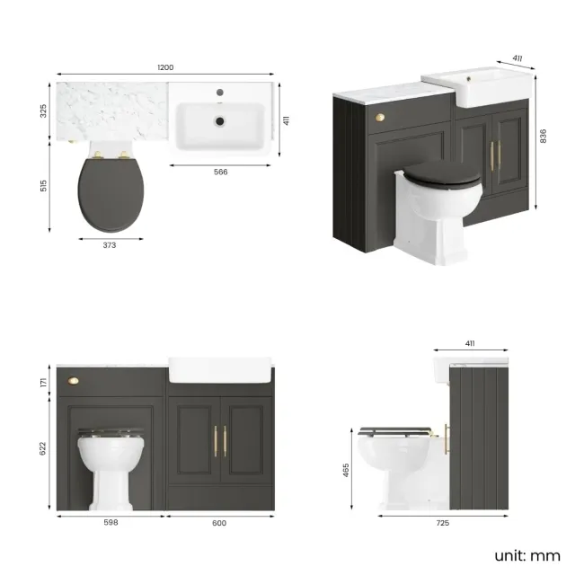 Monaco Graphite Grey Combination Vanity Basin with Marble Top & Hudson Toilet with Wooden Seat 1200mm - Brass Knurled Handles