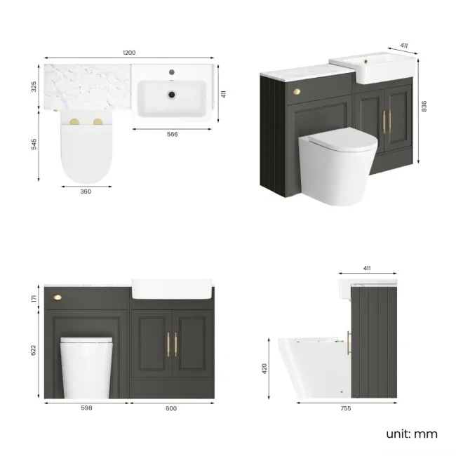 Monaco Graphite Grey Combination Vanity Basin with Marble Top & Boston Toilet 1200mm - Brass Knurled Handles