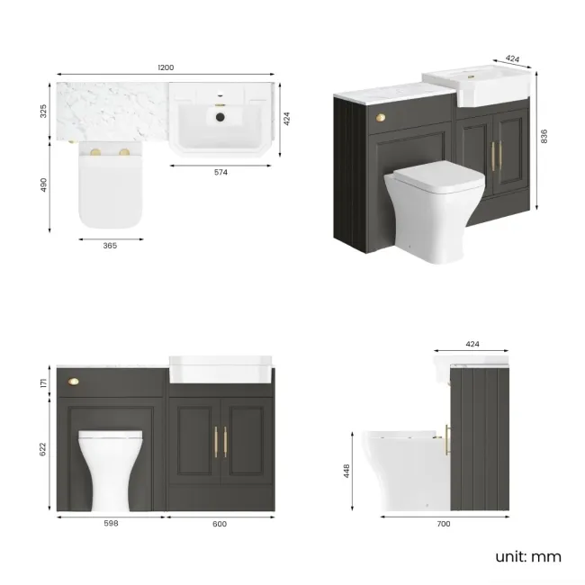 Monaco Graphite Grey Combination Vanity Traditional Basin with Marble Top & Atlanta Toilet 1200mm - Brass Knurled Handles