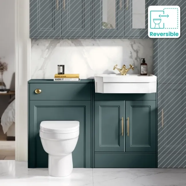 Monaco Midnight Green Combination Vanity Traditional Basin and Seattle Toilet 1200mm - Brass Knurled Handles
