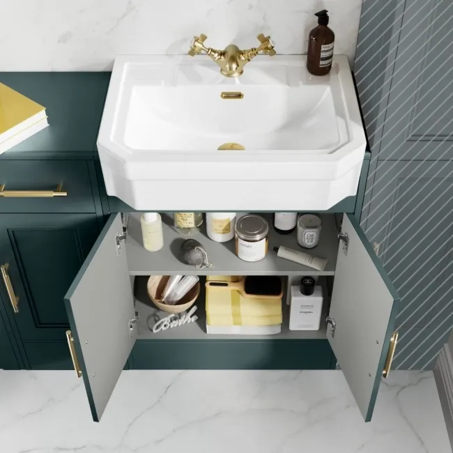 Monaco Midnight Green Combination Vanity Traditional Basin and Boston Toilet 1500mm - Brass Knurled Handles