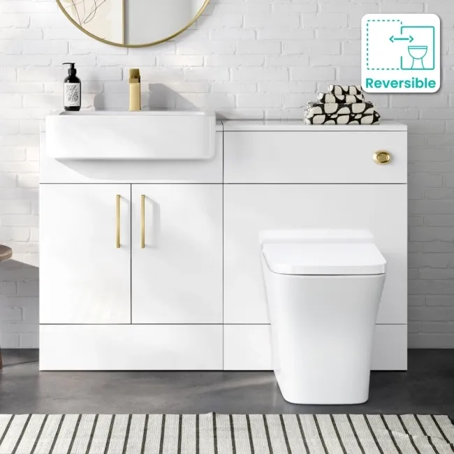 Harper Gloss White Combination Vanity Basin and Houston Toilet 1200mm - Brushed Brass Accents