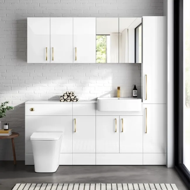 Harper Gloss White Combination Vanity Basin and Houston Toilet 1500mm - Brushed Brass Accents