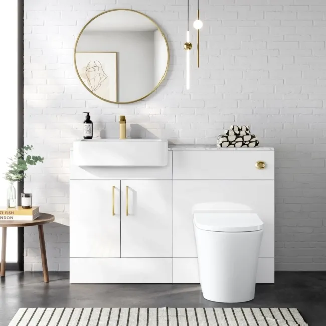 Harper Gloss White Combination Vanity Basin with Marble Top & Tucson Toilet 1200mm - Brushed Brass Accents