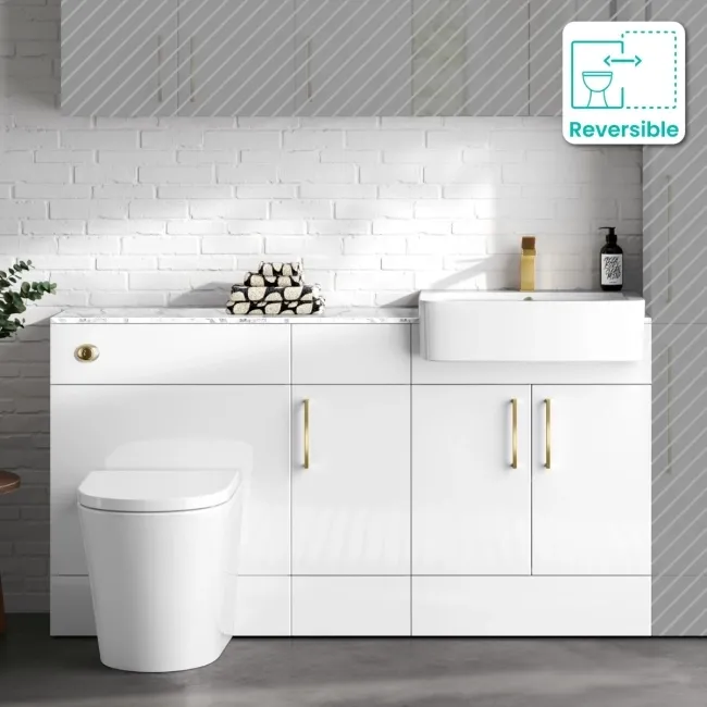 Harper Gloss White Combination Vanity Basin with Marble Top & Boston Toilet 1500mm - Brushed Brass Accents