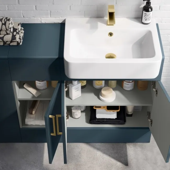Harper Navy Blue Combination Vanity Basin and Tucson Toilet 1500mm - Brushed Brass Accents
