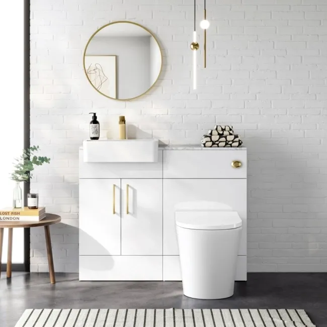 Harper Gloss White Combination Vanity Basin with Marble Top & Tucson Toilet 1000mm - Brushed Brass Accents