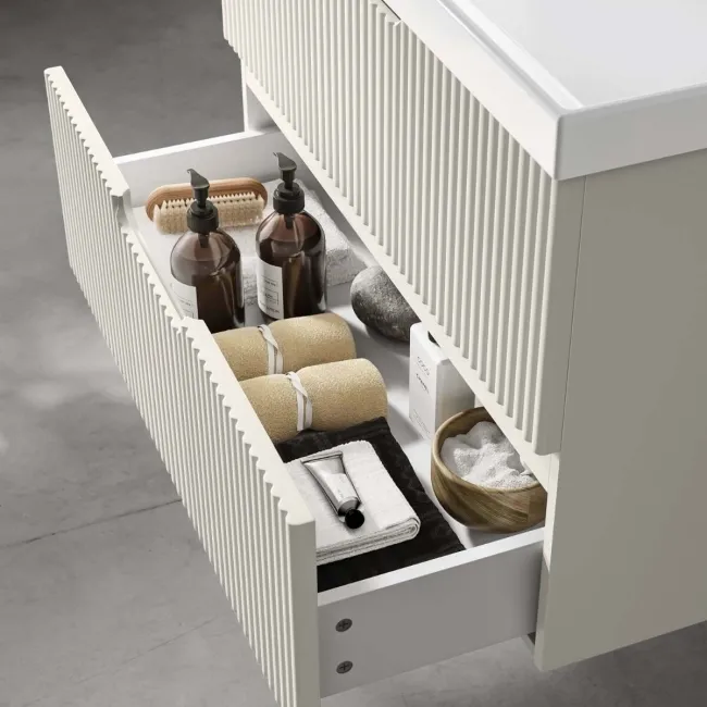 Crete Fluted Linen White Wall Hung Basin Drawer Vanity 800mm
