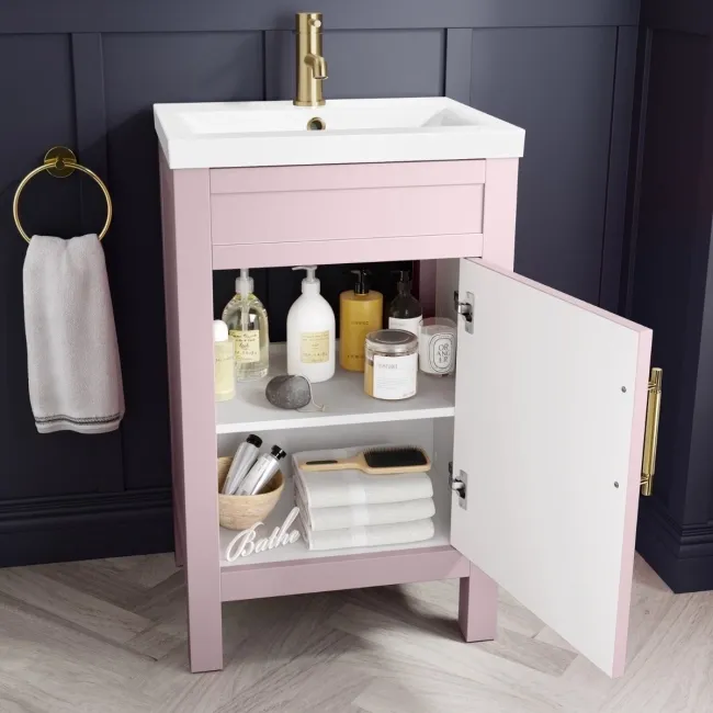 Bermuda Cashmere Pink Basin Vanity 500mm - Brass Knurled Handles