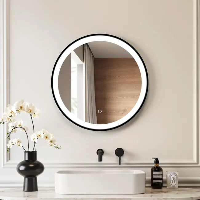Delilah Black Framed Round Illuminated LED Mirror 600mm