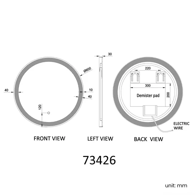 Delilah Black Framed Round Illuminated LED Mirror 600mm
