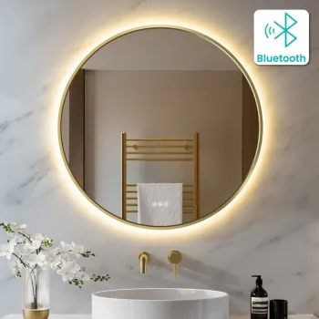 Delilah Brushed Brass Round Backlit LED Mirror With BLUETOOTH Speaker 800mm