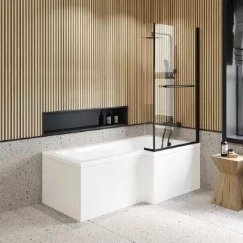 L Shaped 1700 Shower Bath & 6mm Matt Black Easy Clean Screen with Rail - Right Handed