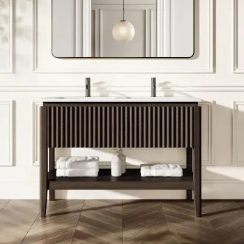 Maru Black Oak Wood Grain Vanity Unit & Matt White Double Stone Basin 1200mm