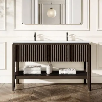 Maru Black Oak Wood Grain Vanity Unit & Matt White Double Stone Basin 1400mm