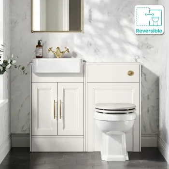 Monaco Cotton White Combination Vanity Basin and Hudson Toilet with Wooden Seat 1000mm - Brass Knurled Handles