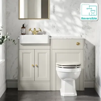 Monaco Linen White Combination Vanity Basin with Marble Top & Hudson Toilet with Wooden Seat 1000mm - Brushed Brass Accents
