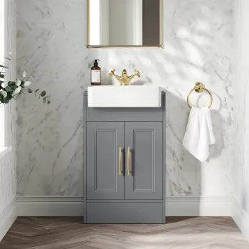 Monaco Fog Grey Basin Vanity 500mm - Brass Knurled Handles