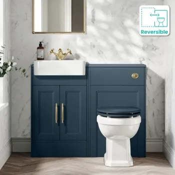 Monaco Navy Blue Combination Vanity Basin and Hudson Toilet with Wooden Seat 1000mm - Brass Knurled Handles
