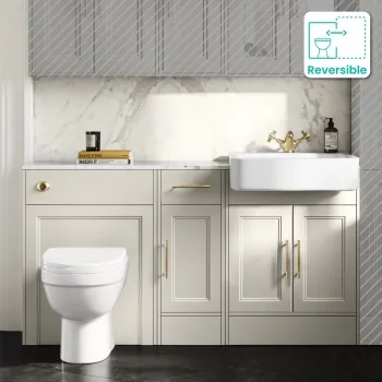 Monaco Chalk White Combination Vanity Basin with Marble Top and Seattle Toilet 1500mm - Brass Knurled Handles