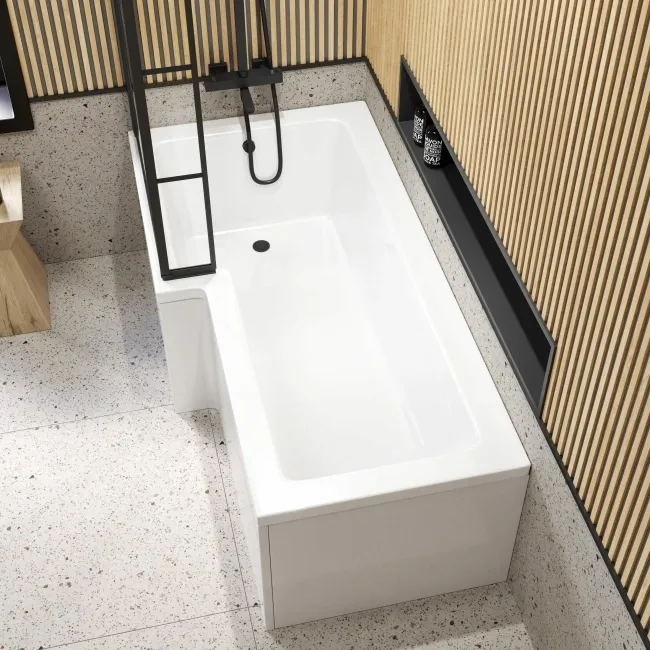 L Shaped 1700 Shower Bath & 6mm Easy Clean Matt Black Grid Bath Screen - Left Handed