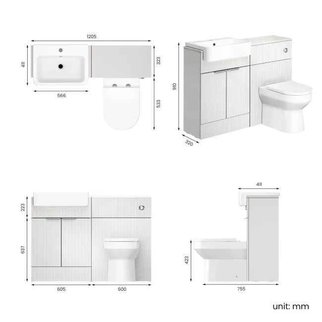 Sicily Fluted Coastal White Combination Vanity Basin and Miami Toilet 1200mm - Chrome Handles