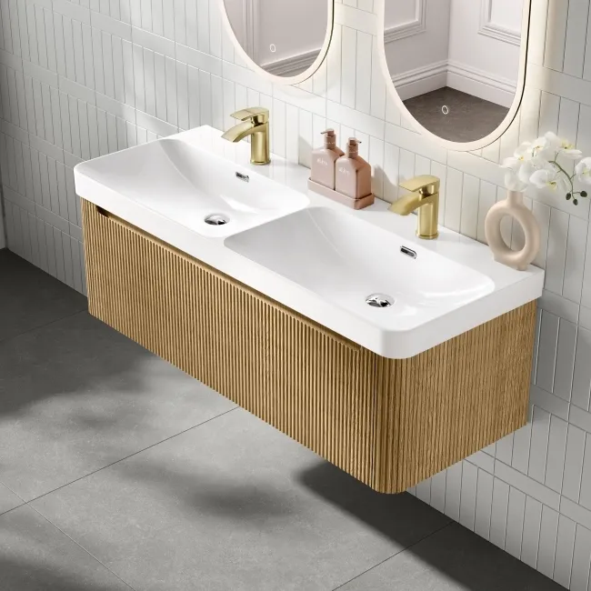 Sorrento Fluted Country Oak Wall Hung Double Basin Drawer Vanity 1200mm