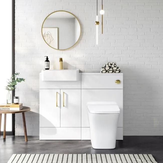 100% Waterproof - Harper Gloss White PVC Combination Vanity Basin & Houston Toilet 1000mm - Brushed Brass Accents