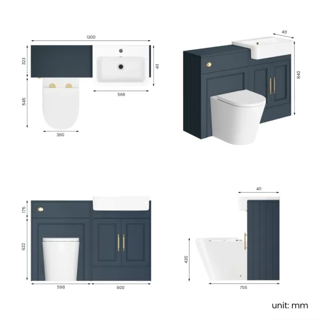 Monaco Inky Blue Combination Vanity Basin and Boston Toilet 1200mm - Brass Knurled Handles