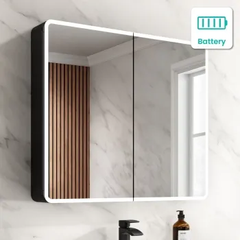 Aurora Battery Powered Matt Black Illuminated LED Mirror Cabinet 700x800mm