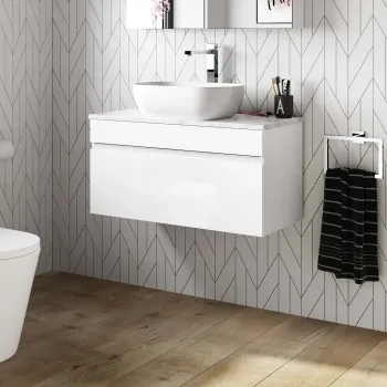 Trent Gloss White Wall Hung Drawer Vanity with Marble Top & Curved Counter Top Basin 800mm