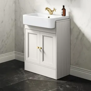 Monaco Cotton White Basin Vanity 600mm - Brushed Brass Accents