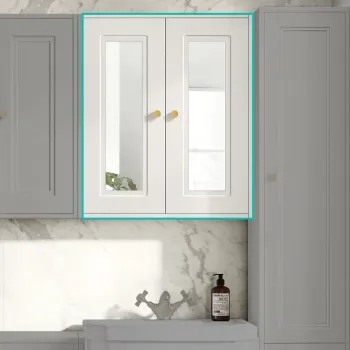 Cotton White Wall Hung Mirror Cabinet 700x600mm - Brushed Brass Accents