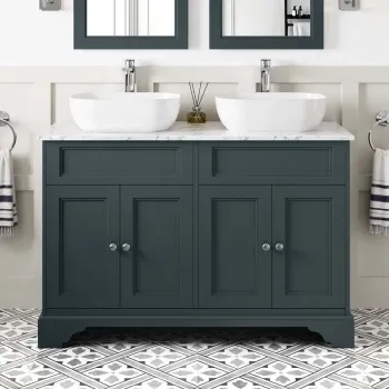 Lucia Inky Blue Double Vanity with Marble Top & Curved Counter Top Basin 1200mm