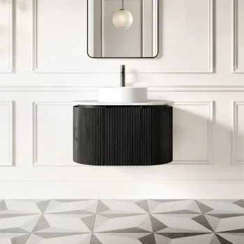 Positano Black Oak Curved Wall Hung Vanity Drawer with Carrara Marble Top 800mm - Basin Not Included