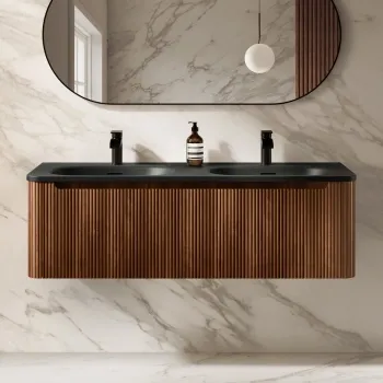Sorrento Fluted Black Walnut Wall Hung Drawer Vanity with Black Double Basin 1200mm