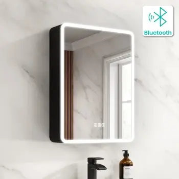 Aurora Matt Black Illuminated LED Mirror Cabinet With BLUETOOTH Speaker 600x450mm