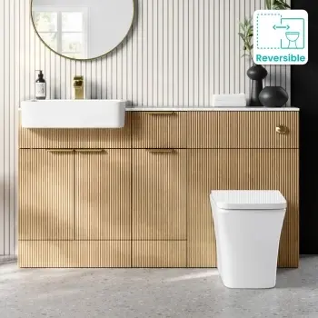 Sicily Fluted Country Oak Combination Vanity Basin with Marble Top & Houston Toilet 1500mm - Brushed Brass Accents