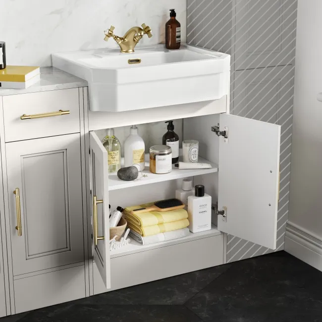 Monaco Cotton White Combination Vanity Traditional Basin with Marble Top and Aruba Toilet 1500mm - Brass Knurled Handles