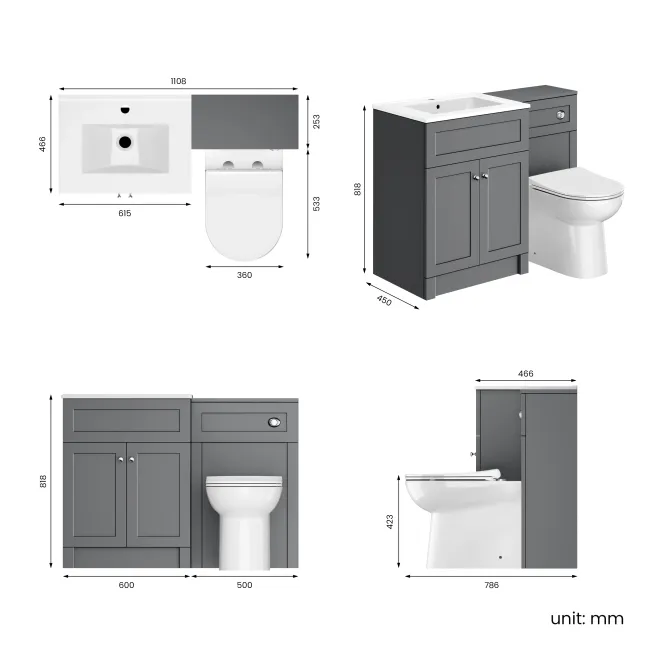 Milos Fog Grey Combination Vanity Basin and Aruba Toilet 1100mm - Chrome Handles