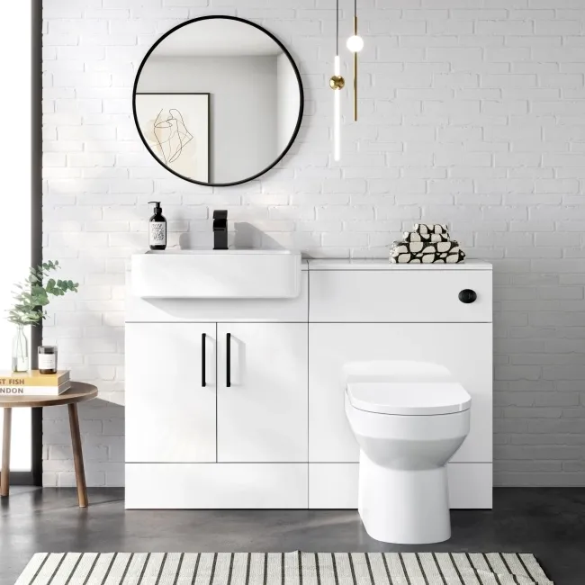 100% Waterproof - Harper Gloss White PVC Combination Vanity Basin and Miami Toilet 1200mm - Black Accents