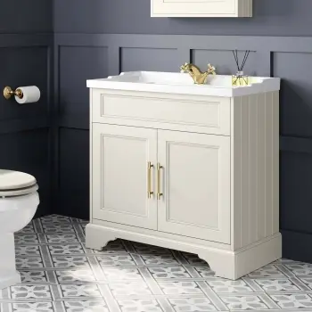Lucia Chalk White Basin Vanity 830mm - Brass Knurled Handles