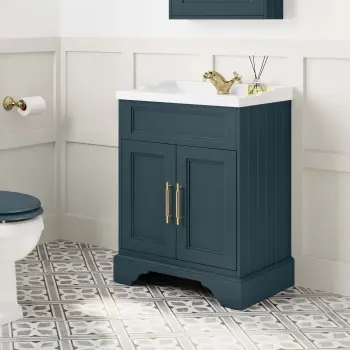 Lucia Inky Blue Basin Vanity 630mm - Brass Knurled Handles