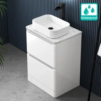 100% Waterproof - Corsica Gloss White PVC Vanity Drawer with Marble Top & Marin Basin 600mm
