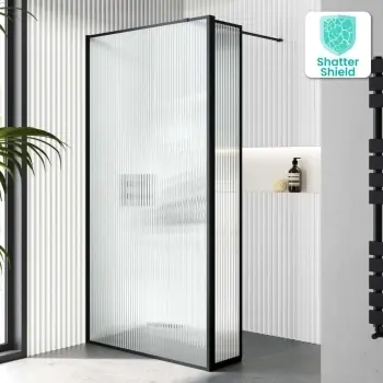 Munich Fluted Effect Matt Black Framed 8mm Wet Room Shower Glass 1000mm & 250mm Pivotal Return Panel