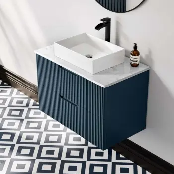 Crete Fluted Navy Blue Wall Hung Drawer Vanity with Marble Top & Cody Basin 800mm
